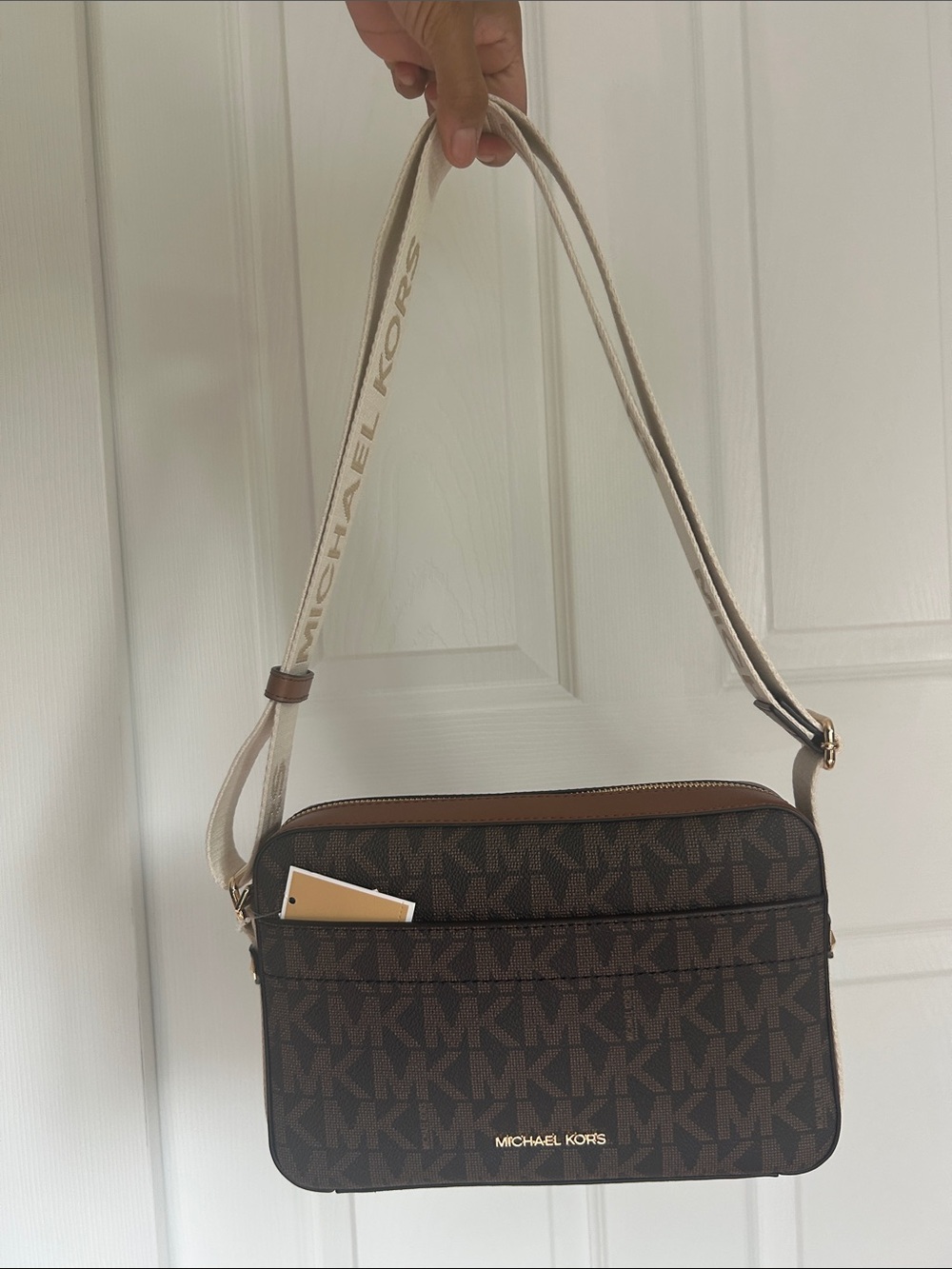 NWT Michael Kors Maeve Brown MK Logo Messenger Bag with Adjustable Cream Strap